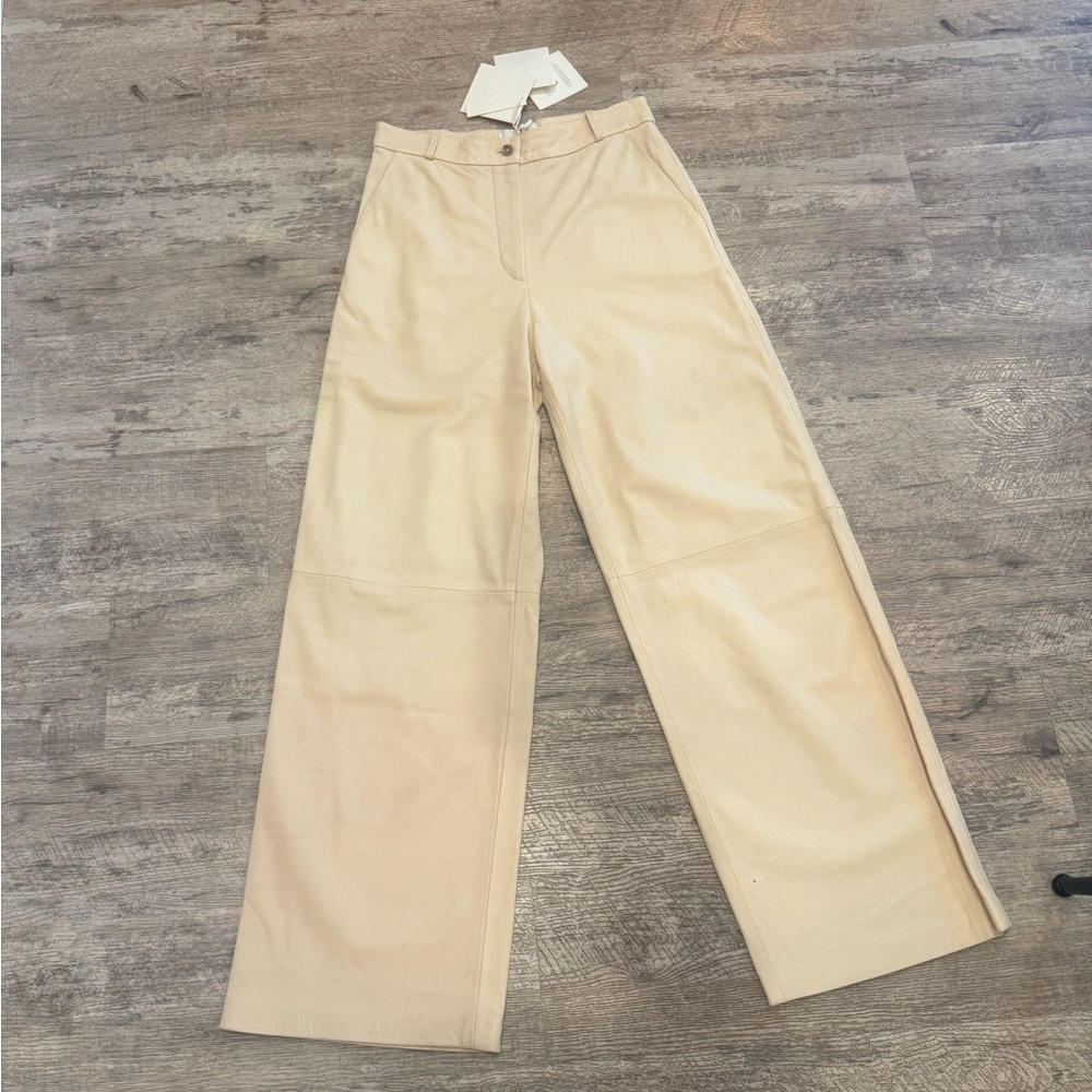 Loulou Studio LEATHER Cream Wide-Leg Trousers - Picture 6 of 16